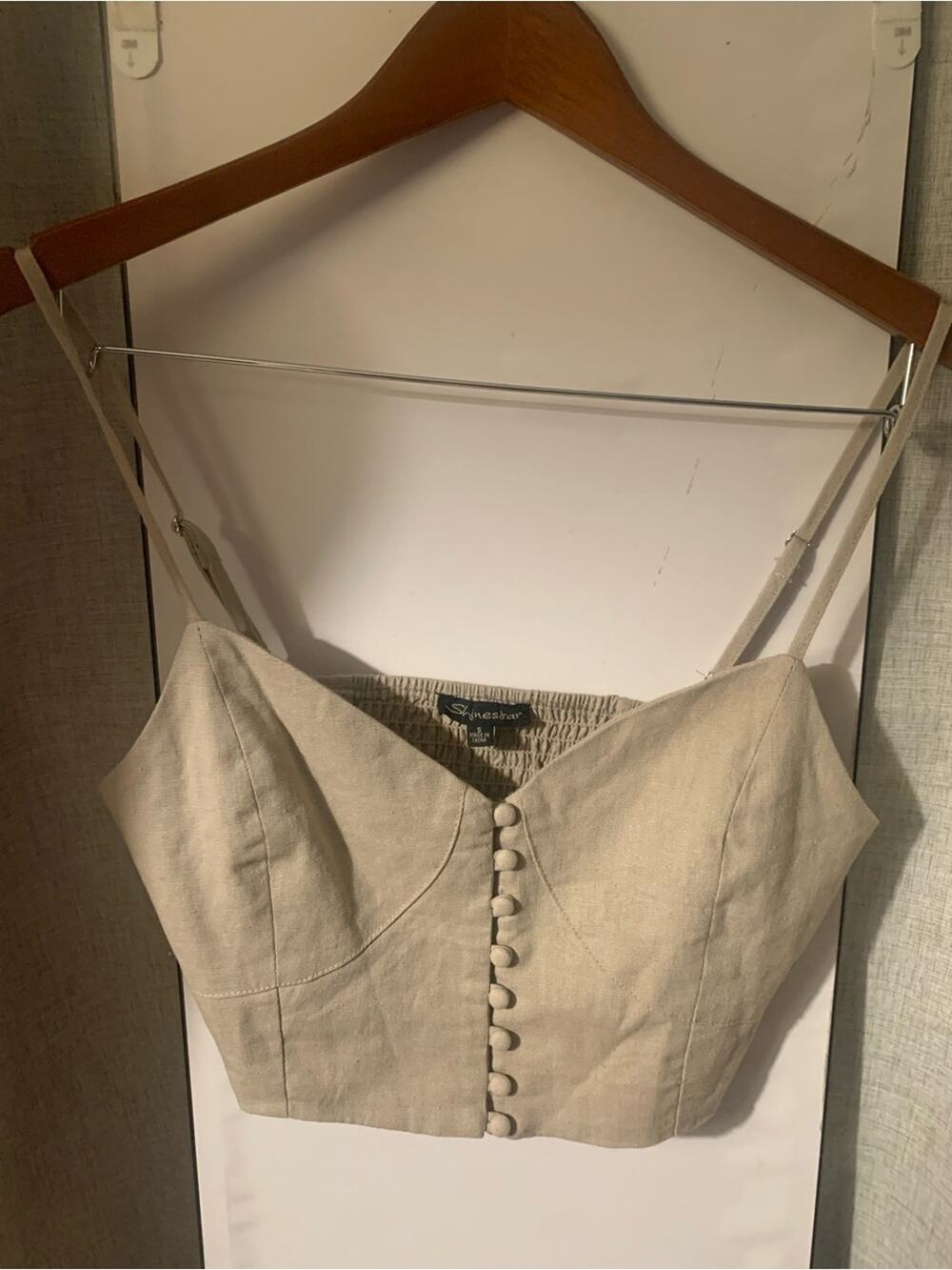 Shinestar Beige Button-Front Linen-Style Crop Cami